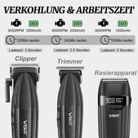VGR 640S3 3 az 1-ben vezeték nélküli hajvágó szett 9000RPM férfi haj- és szakállnyíró trimmerrel, fóliás borotvával, fekete 4