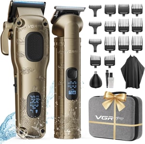 Mașină de tuns profesională fără fir VGRPRO pentru bărbați, set cu trimmer electric, auriu, în cutie