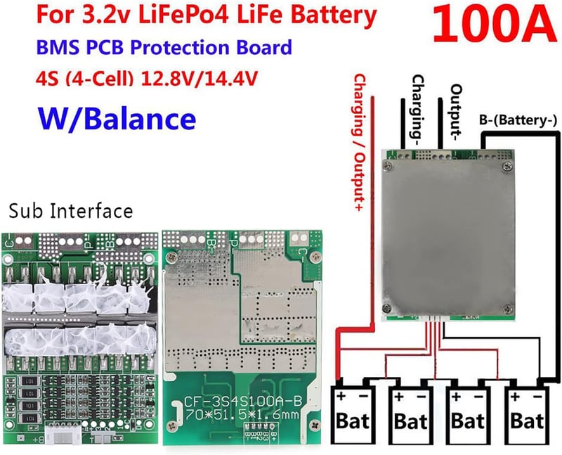 ViaGasaFamido 4S 100A 12V LiFePO4 Védelmi Modul Cellegyensúlyozóval és Átalakítóval