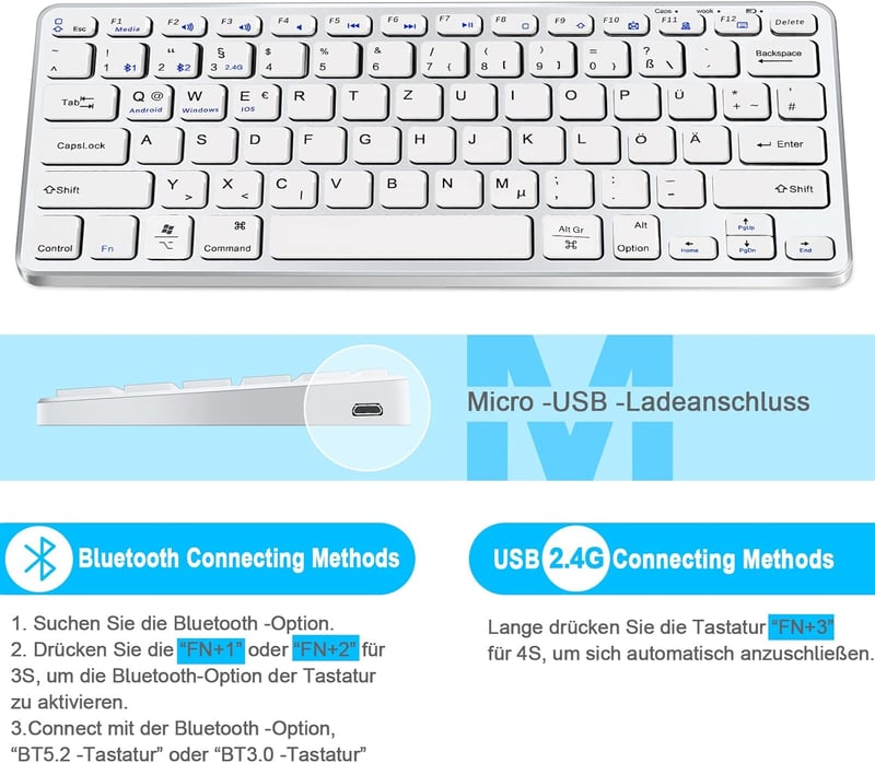 Vickey QWERTZ Vezeték Nélküli Billentyűzet-Egér Szett - Bluetooth 5.2 Kompatibilis MacBook/iPad/PC/TV Eszközökkel, Kompakt, Újratölthető, Cs