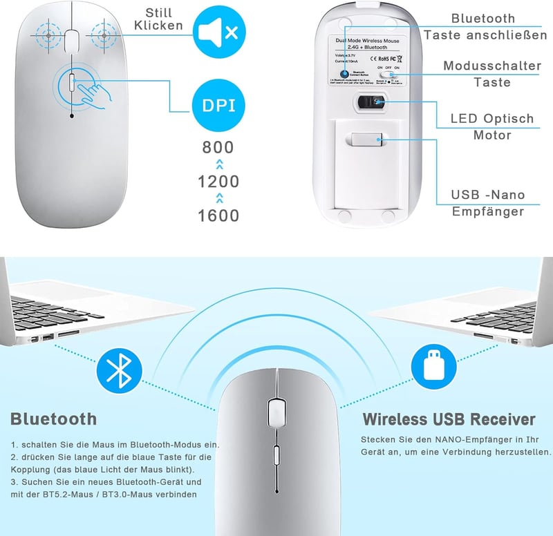 Vickey QWERTZ Vezeték Nélküli Billentyűzet-Egér Szett - Bluetooth 5.2 Kompatibilis MacBook/iPad/PC/TV Eszközökkel, Kompakt, Újratölthető, Cs