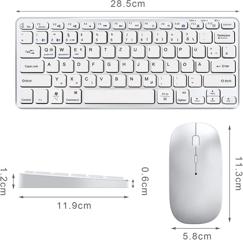 Vickey QWERTZ Vezeték Nélküli Billentyűzet-Egér Szett - Bluetooth 5.2 Kompatibilis MacBook/iPad/PC/TV Eszközökkel, Kompakt, Újratölthető, Cs