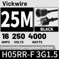Vickwire Vonkajší gumený predlžovací kábel 25 m, 16A/250V, H05RR-F 3G1.5 mm², IP44, Schuko konektor, čierny 2
