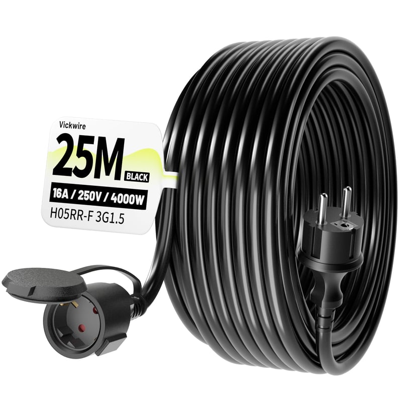Vickwire Vonkajší gumený predlžovací kábel 25 m, 16A/250V, H05RR-F 3G1.5 mm², IP44, Schuko konektor, čierny