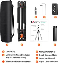 VICTIV 205 cm Professzionális Kameraállvány, Alumínium DSLR Tripod, 360° Gömbfejjel, 10 kg Teherbírással, Levehető Monopod, Hordtáskával - N 8
