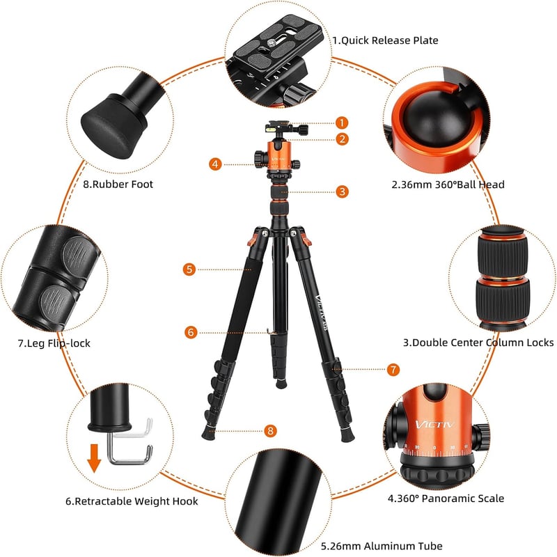 VICTIV 205 cm Professzionális Kameraállvány, Alumínium DSLR Tripod, 360° Gömbfejjel, 10 kg Teherbírással, Levehető Monopod, Hordtáskával - N