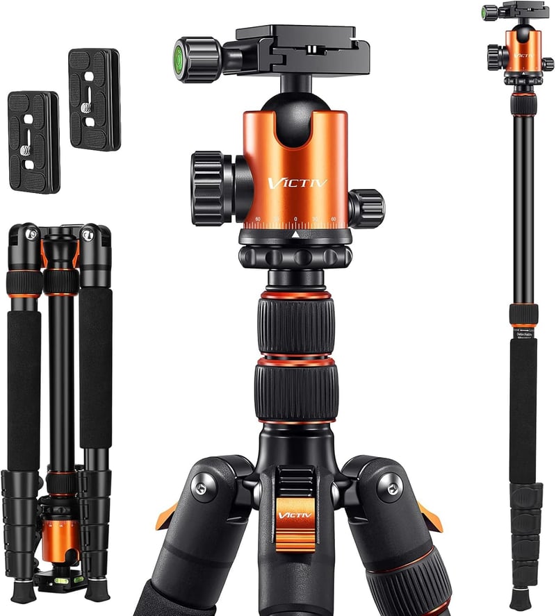 VICTIV 205 cm Professzionális Kameraállvány, Alumínium DSLR Tripod, 360° Gömbfejjel, 10 kg Teherbírással, Levehető Monopod, Hordtáskával - N