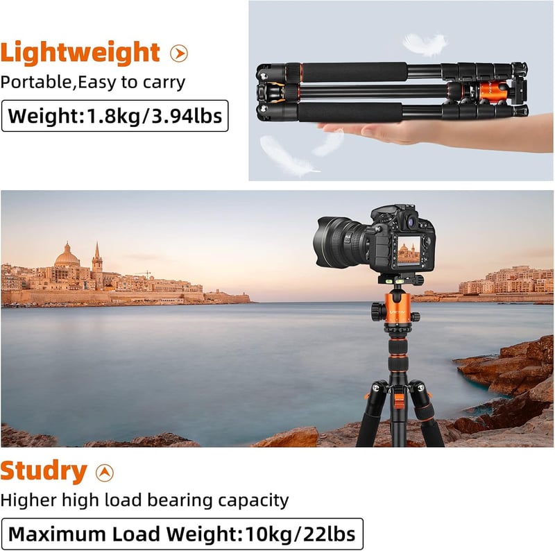 VICTIV 205 cm Professzionális Kameraállvány, Alumínium DSLR Tripod, 360° Gömbfejjel, 10 kg Teherbírással, Levehető Monopod, Hordtáskával - N