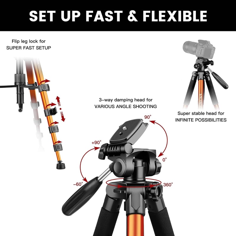 Victiv 72" alumínium tripod panoráma fejjel, telefontartóval és monopod funkcióval