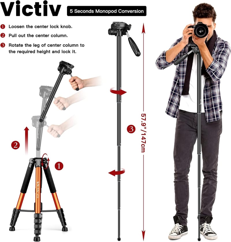 Victiv 72" alumínium tripod panoráma fejjel, telefontartóval és monopod funkcióval