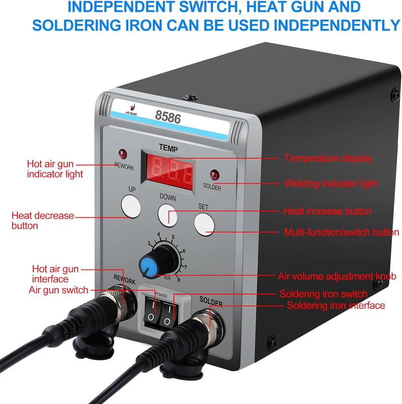 Victool 8586 2-in-1 forrasztóállomás forrólevegős forrasztópáka 200-480°C digitális kijelzővel