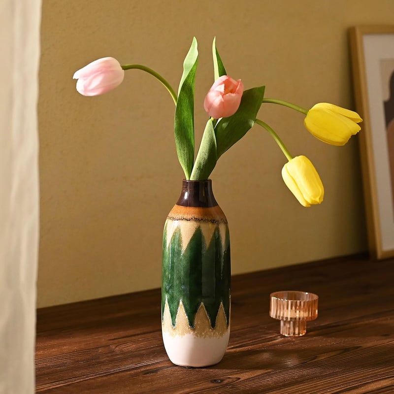 VICTOR&TERESA Porcelán Váza Páva Zöld-Bézs 23cm Otthoni Dekoráció Tulipánhoz