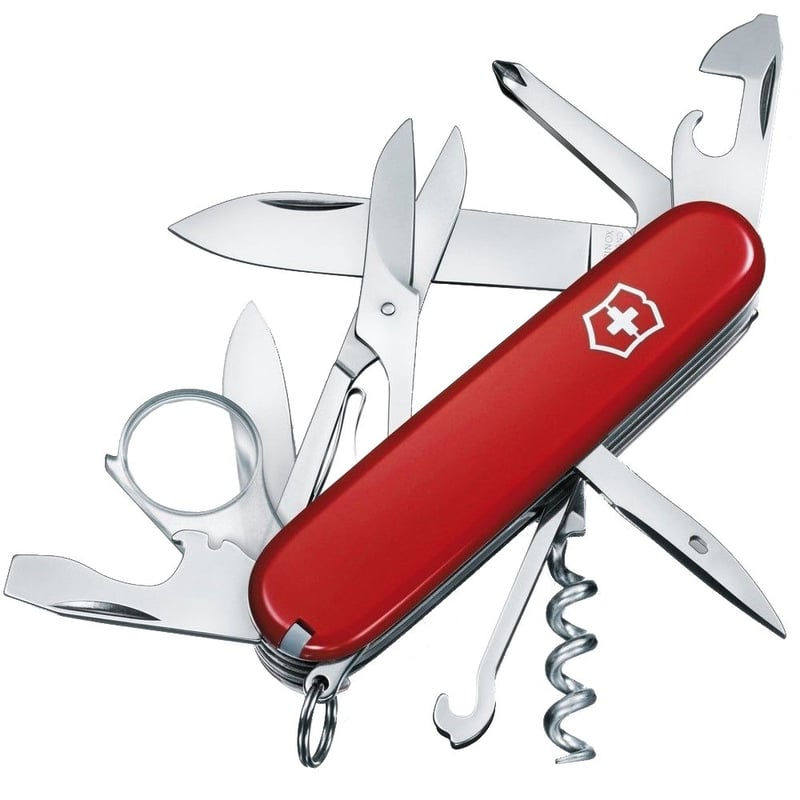 Švajčiarsky vreckový nôž Victorinox Explorer, 16 funkcií, červený – nôž, vývrtka, otvárač na konzervy