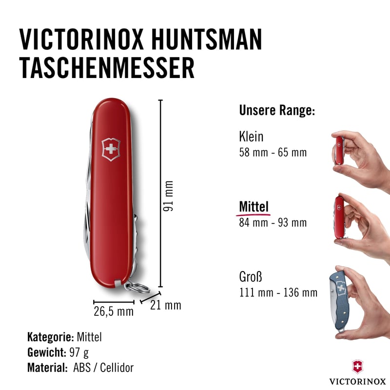 Džepni nož Victorinox Huntsman - 91 mm, crveni, 15 funkcija, sa oštricom, vadičepom i otvaračem za konzerve
