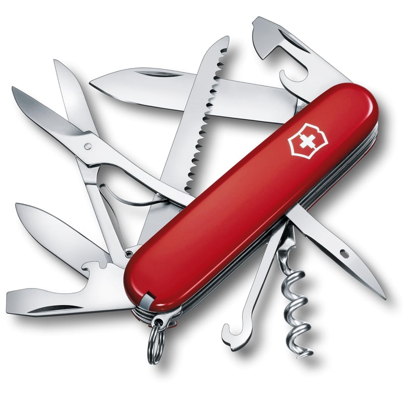 Vreckový nôž Victorinox Huntsman – 91 mm, červený, 15 funkcií, s čepeľou, vývrtkou a otváračom na konzervy