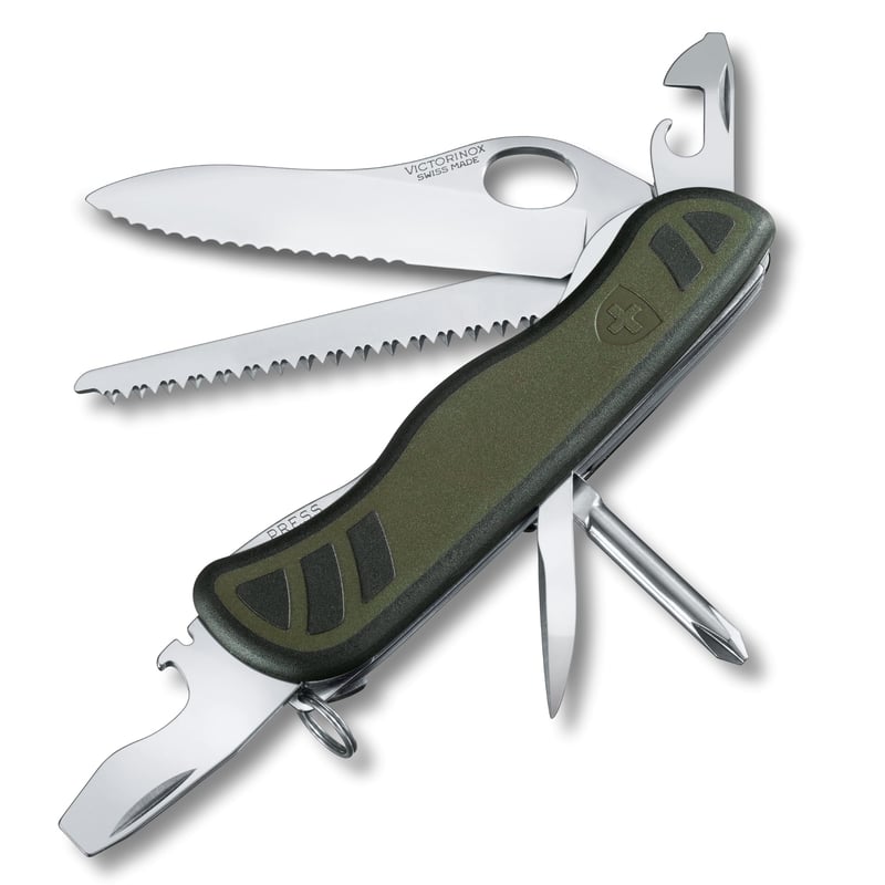 Briceag Victorinox Schweizer Soldatenmesser 08 – 10 funcții, lamă cu deschidere cu o singură mână și sistem de blocare, fierăstrău, 111 mm