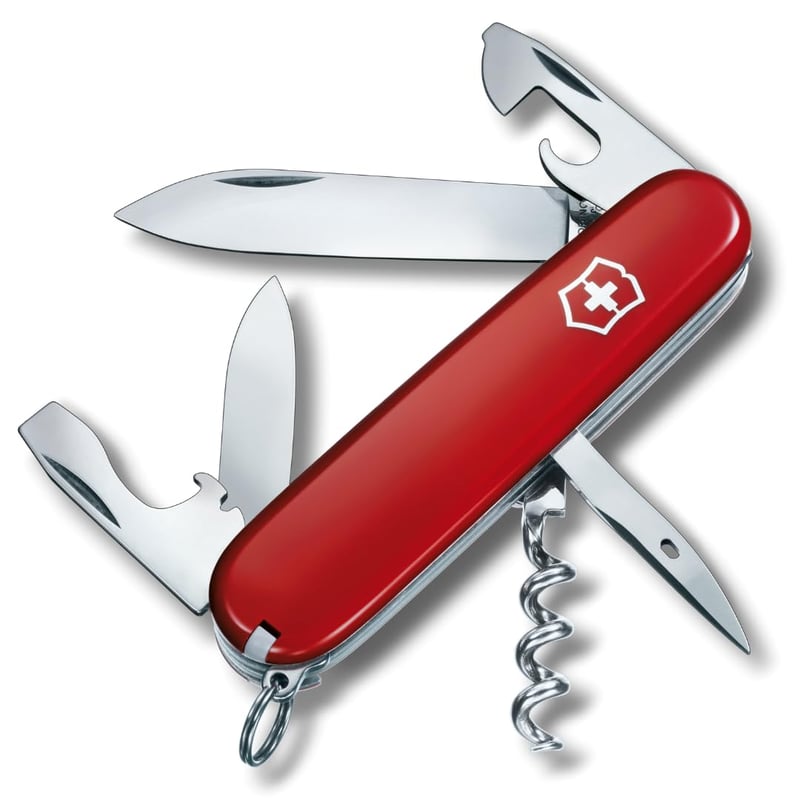 Briceag Victorinox Spartan cu 12 funcții - Lamă, tirbușon, deschizător de conserve, roșu, unealtă multifuncțională elvețiană