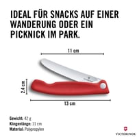 Skladací piknikový nôž Victorinox Swiss Classic so zúbkovanou čepeľou, 11 cm, červený – na krájanie ovocia, zeleniny, klobásy a žemlí, nehrdzavejúca oceľ 3