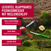 Skladací piknikový nôž Victorinox Swiss Classic so zúbkovanou čepeľou, 11 cm, červený – na krájanie ovocia, zeleniny, klobásy a žemlí, nehrdzavejúca oceľ 5