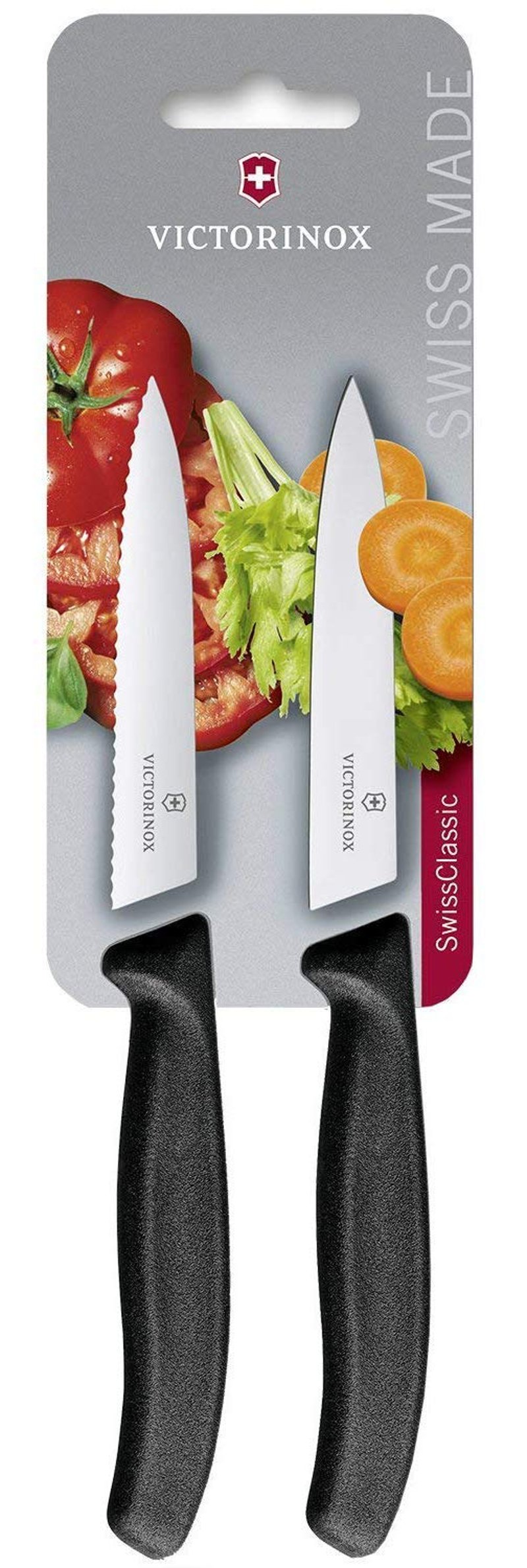 Súprava nožov na paradajky a zeleninu Victorinox Swiss Classic, 2 ks, zúbkovaná čepeľ, čierna rukoväť, nehrdzavejúca oceľ, Swiss Made