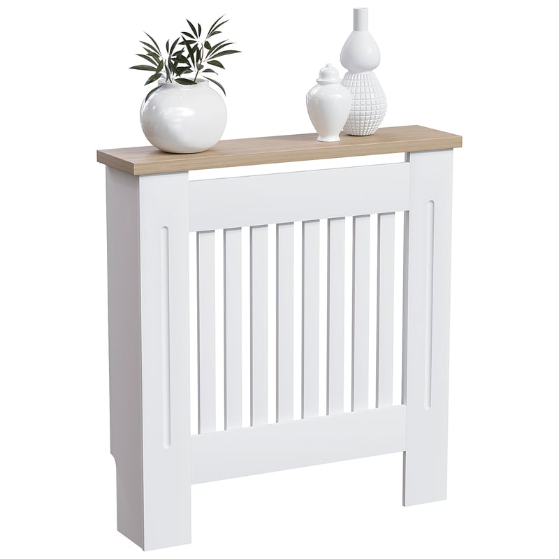 Kryt na radiátor Vida Designs Arlington, biely, malý, 83,3x78x19 cm, moderný štýl Shaker, vertikálne lamely, MDF, lakovaný, s policou, cirkulácia tepla