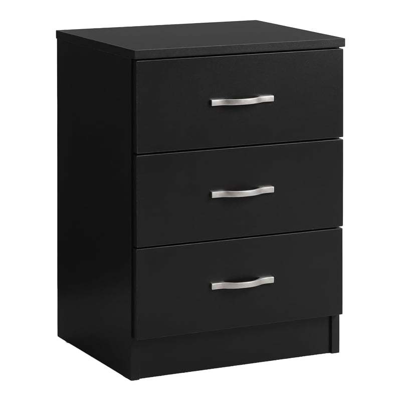 Noptieră Vida Designs Riano, Negru, cu 3 sertare, mânere și șine metalice, suport anti-înclinare pentru sertar, mobilier de dormitor