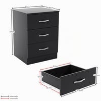 Noptieră Vida Designs Riano, Negru, cu 3 sertare, mânere și șine metalice, suport anti-înclinare pentru sertar, mobilier de dormitor 3