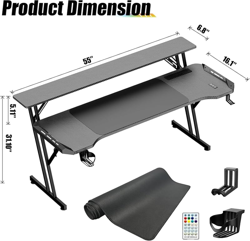 VidaTeco Gamer íróasztal 140 x 70 cm LED világítással, USB és konnektor csatlakozóval, Z alakú váz, fejhallgató tartó, egérpad PC-hez és iro