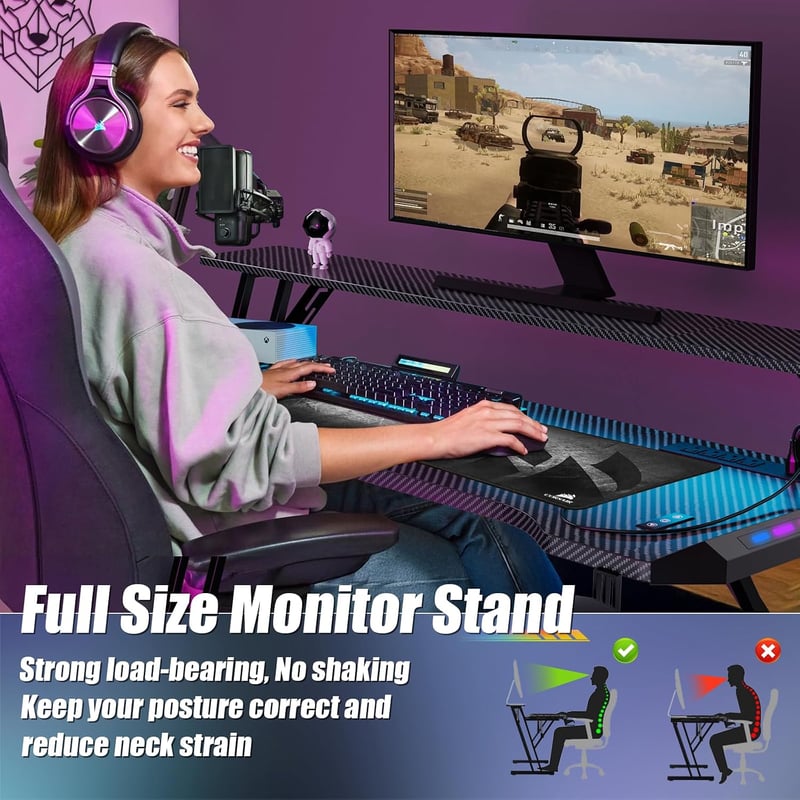 VidaTeco Gamer íróasztal 140 x 70 cm LED világítással, USB és konnektor csatlakozóval, Z alakú váz, fejhallgató tartó, egérpad PC-hez és iro