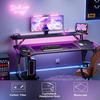 VidaTeco Gamer íróasztal 140 x 70 cm LED világítással, USB és konnektor csatlakozóval, Z alakú váz, fejhallgató tartó, egérpad PC-hez és iro 5