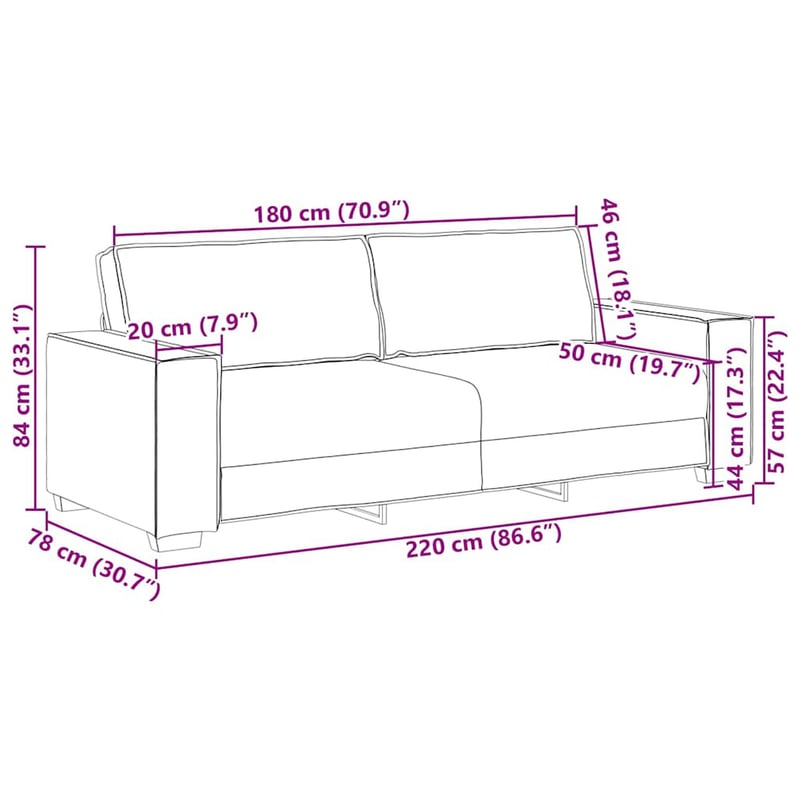vidaXL 3 személyes sötétszürke bársony kanapé 220x78x84 cm