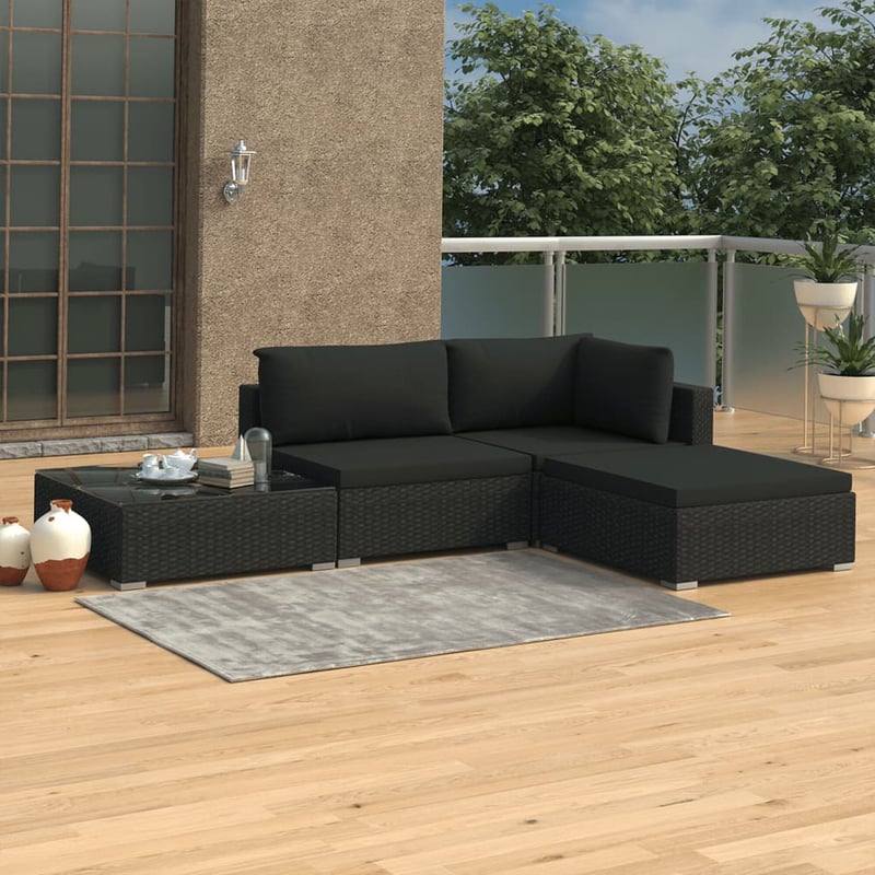 vidaXL 4 részes fekete polyrattan kerti bútor szett párnákkal