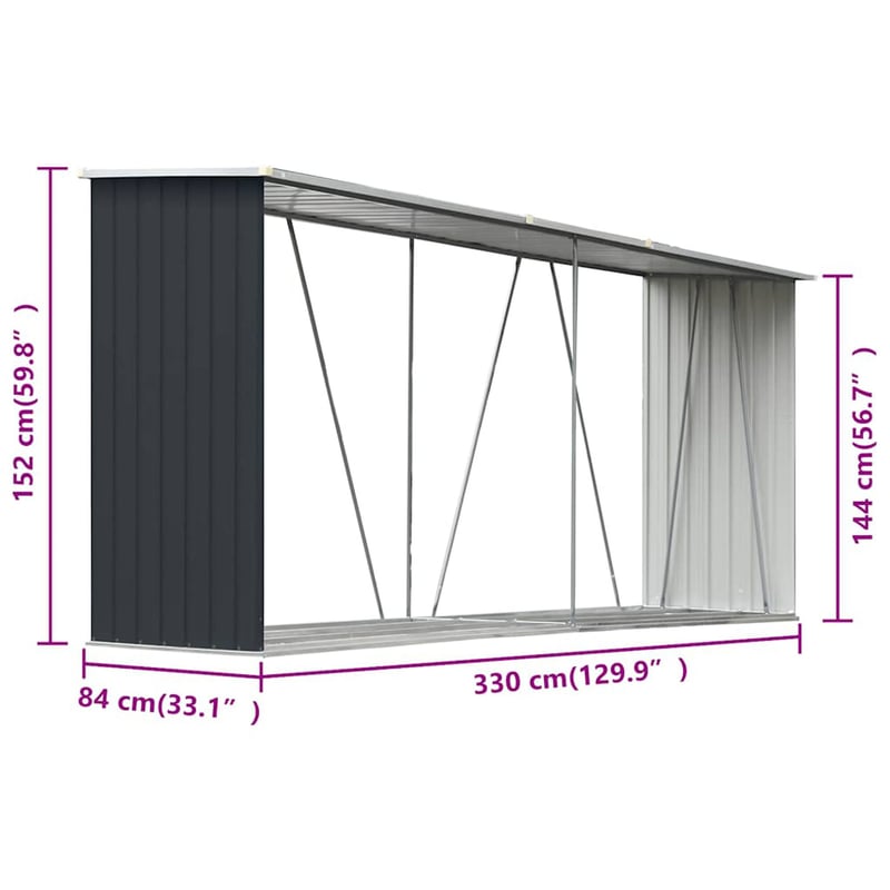 vidaXL antracit horganyzott acél kerti tűzifatároló 330x84x152cm