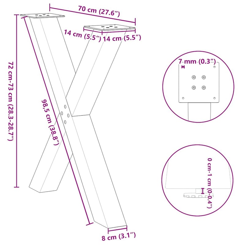 vidaXL Antracitszürke X-alakú Étkezőasztal Láb 70x72-73 cm 2 db