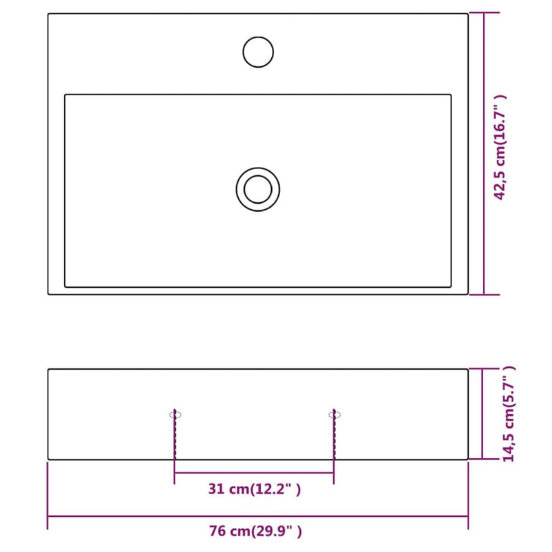 vidaXL Fehér kerámia mosdó csaptelep furattal 76x42,5x14,5 cm