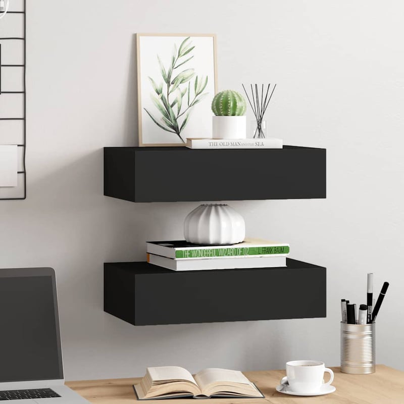 vidaXL Fekete MDF Falra Szerelhető Fiókos Polc 40x23,5x10 cm 2 db
