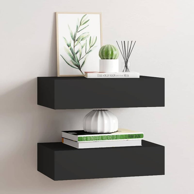 vidaXL Fekete MDF Falra Szerelhető Fiókos Polc 40x23,5x10 cm 2 db