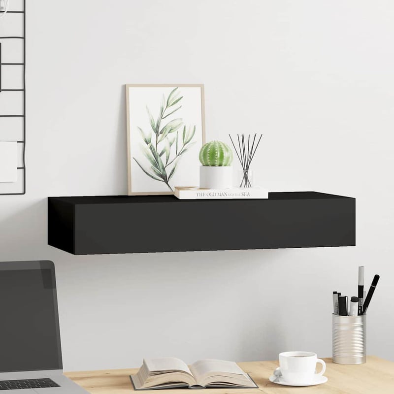 vidaXL fekete MDF falra szerelhető fiókos polc 60x23,5x10 cm