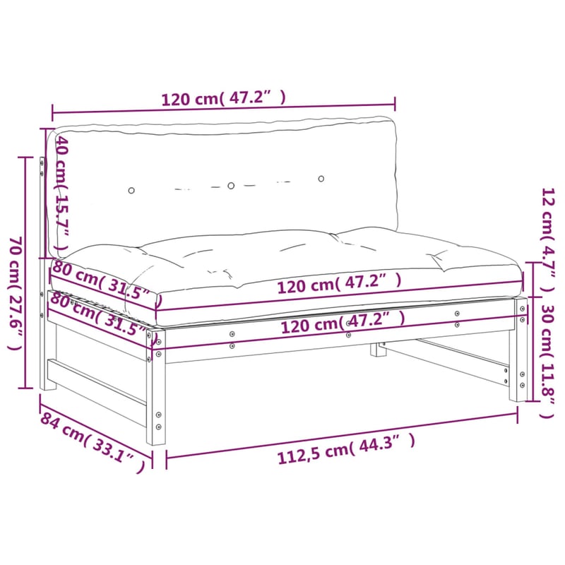 vidaXL fekete tömör fenyőfa középső kanapé 120x80 cm