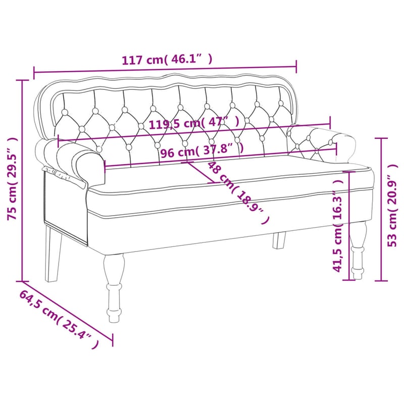 vidaXL krémszínű bársonypad háttámlával 119,5x64,5x75cm