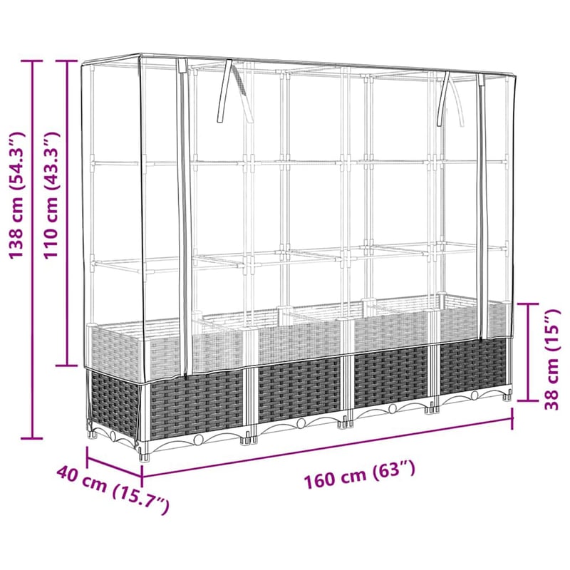 vidaXL Rattan Hatású Magaságyás Üvegháztakaróval 160x40x138cm