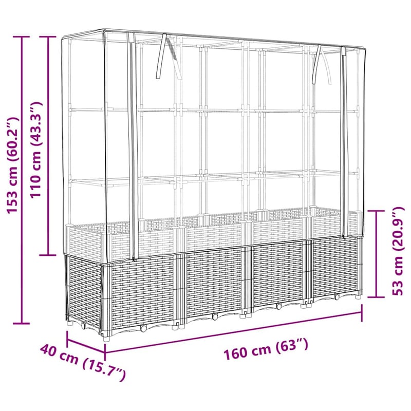 vidaXL rattan hatású magaságyás üvegháztakaróval 160x40x153cm