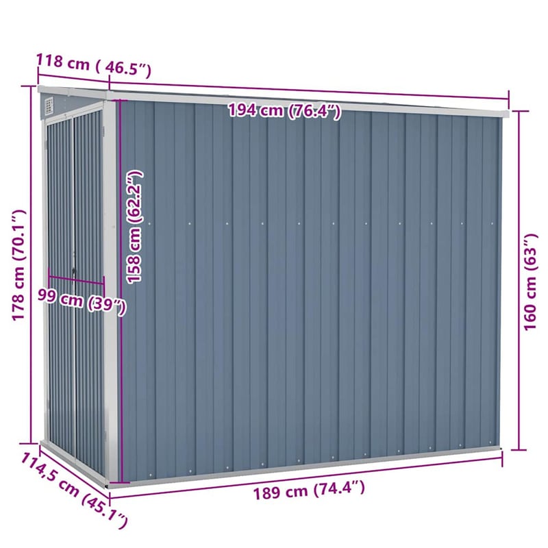 vidaXL szürke acél kerti fészer 118x194x178 cm falhoz erősíthető