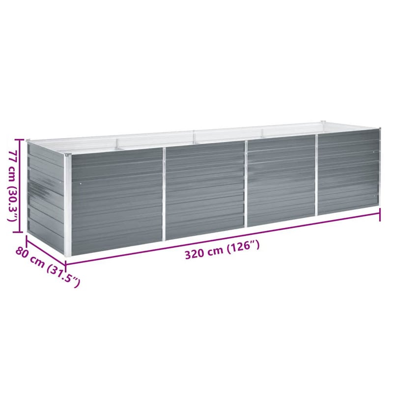vidaXL szürke horganyzott acél kerti magaságyás 320x80x77 cm