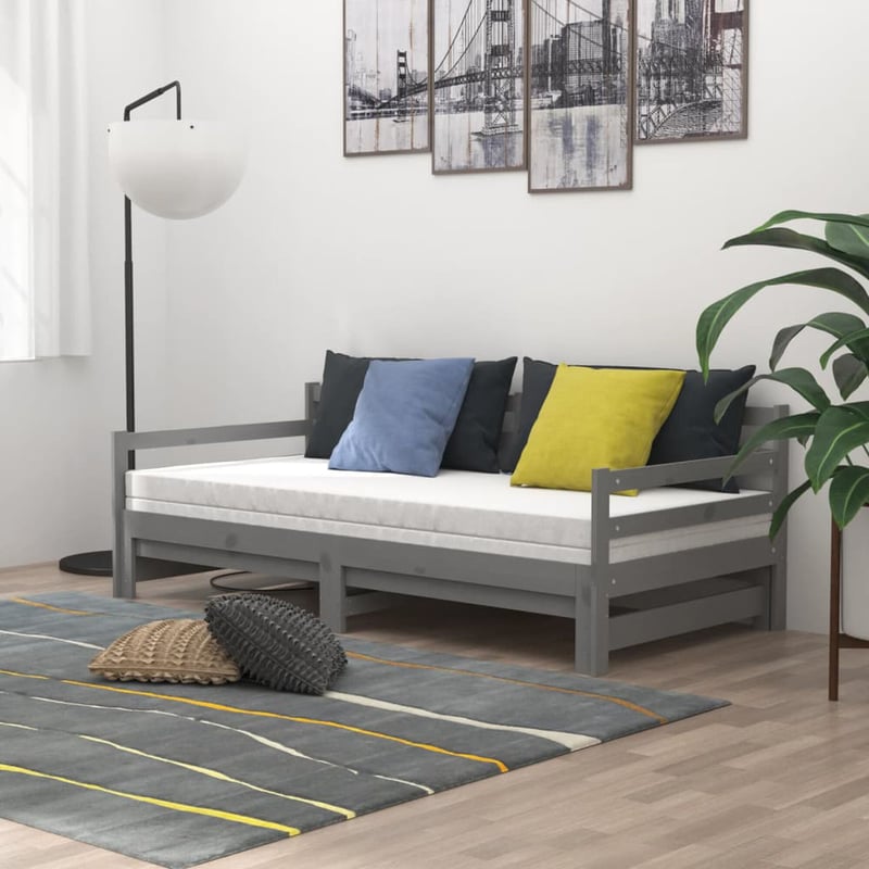 vidaXL szürke kihúzható kanapéágy fenyőfából 90x200 cm
