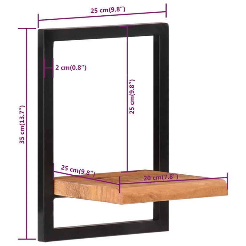 vidaXL Tömör akácfa falipolc acél tartóval 25x25x35 cm 2 db