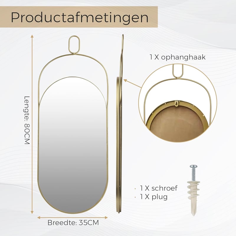 VIDI Aszimmetrikus Ovális Fali Tükör 80x35 cm - Arany Alumínium Kerettel, Modern Dekoratív Üvegtükör Nappaliba, Vízlepergető