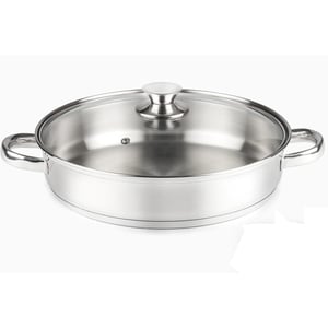 Vase de gătit din oțel inoxidabil VIER 18/10 – diametru 30 cm x adâncime 6,5 cm, 4,6 litri, cu capac din sticlă, mânere tubulare fixe