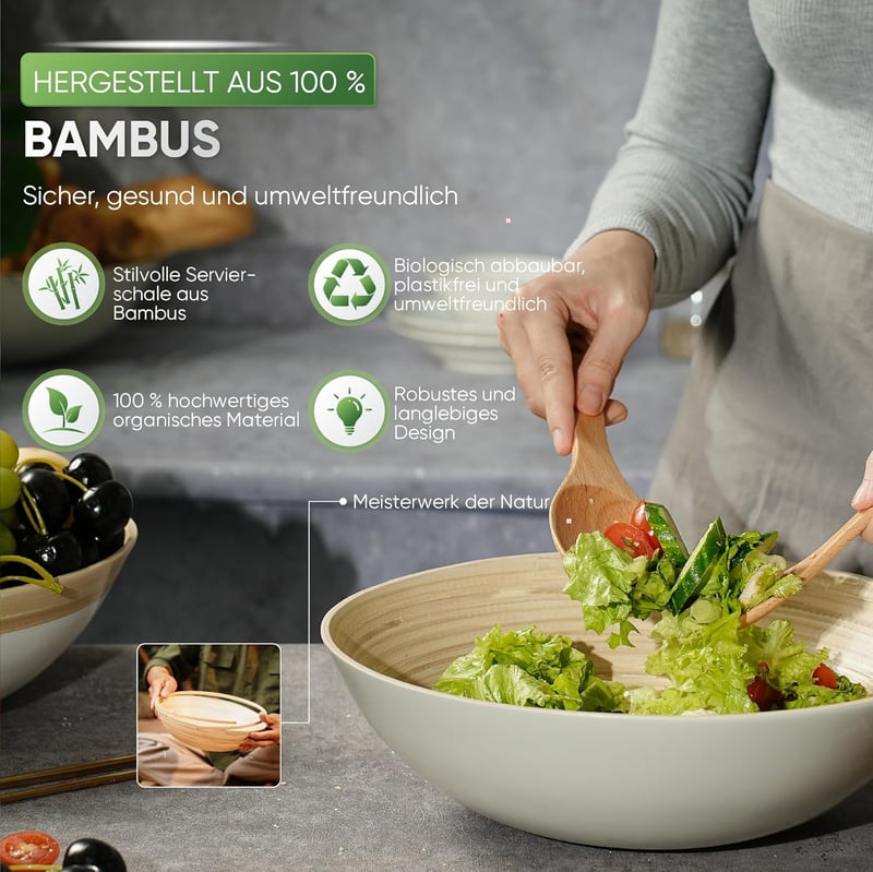 VIETLUSH Kézműves Bambusz Salátatál 30cm Fehér Szegéllyel