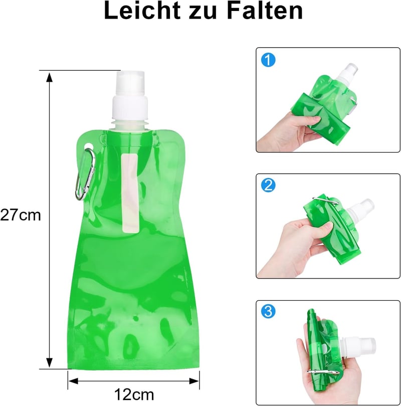 VIEVRE Összehajtható Kulacs Szett 2db - 500ml Újrahasználható Ivópalack Karabinerrel - BPA-mentes Túrázáshoz, Utazáshoz (Lila és Zöld)